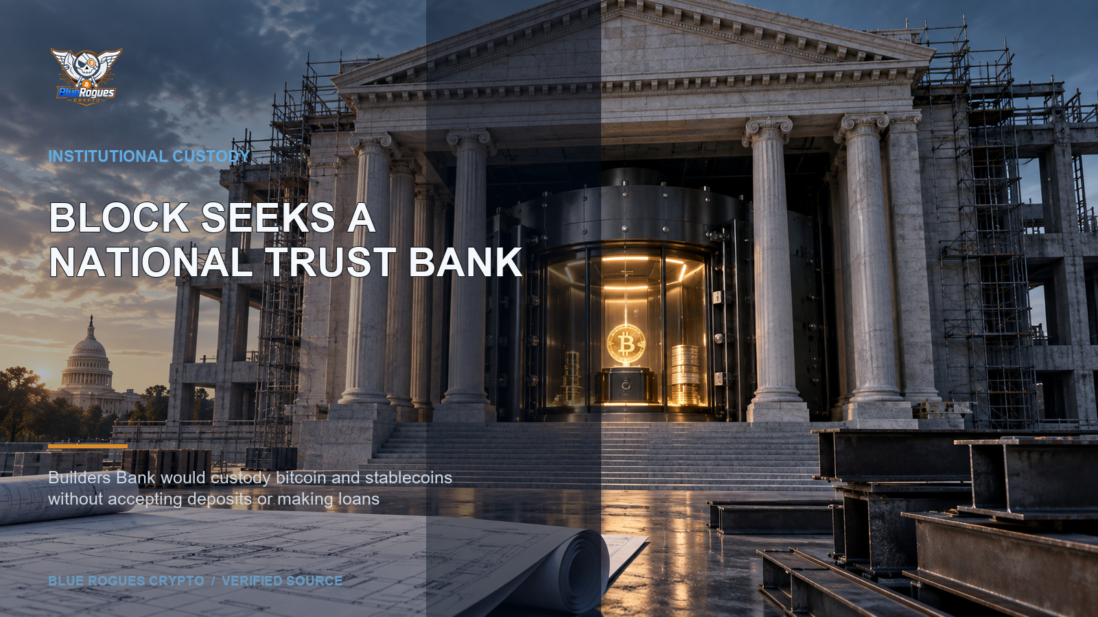 Block Applies to Establish Builders Bank & Trust — Blue Rogues Crypto editorial artwork