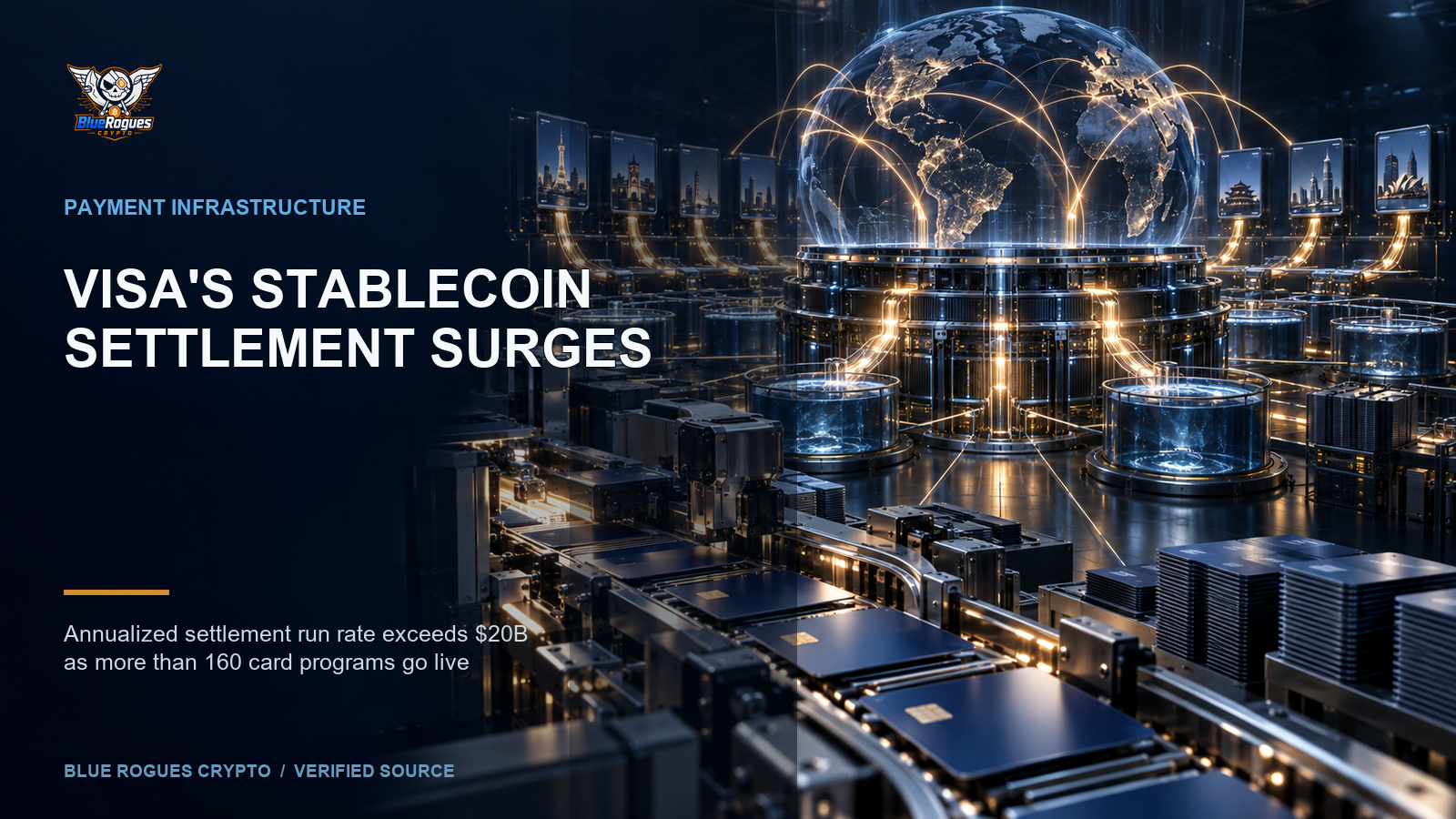 Visa Stablecoin Settlement Surpasses $20 Billion Run Rate — Blue Rogues Crypto editorial artwork