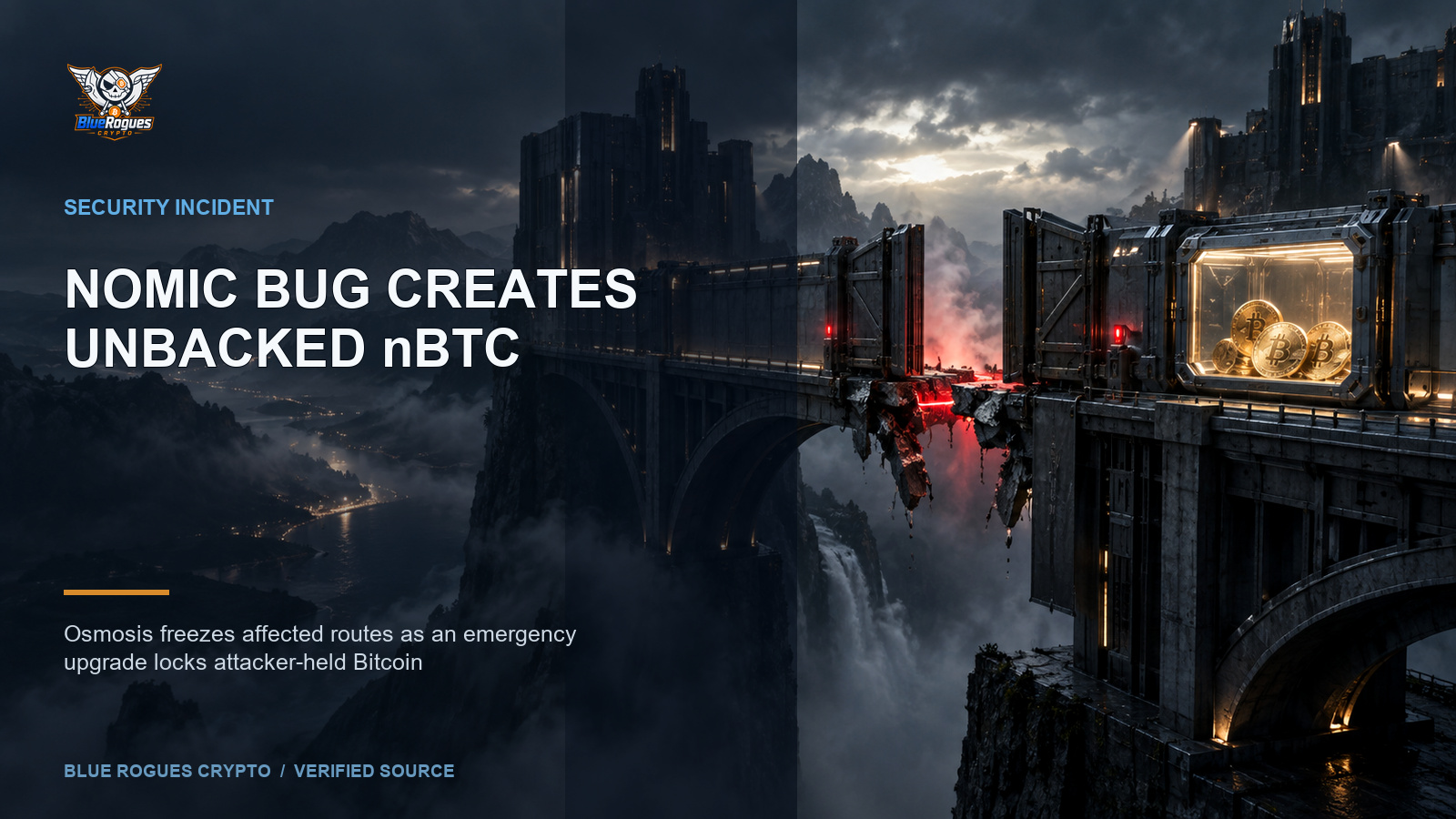 Nomic Forwarding Bug Created Unbacked nBTC on Osmosis — Blue Rogues Crypto editorial artwork