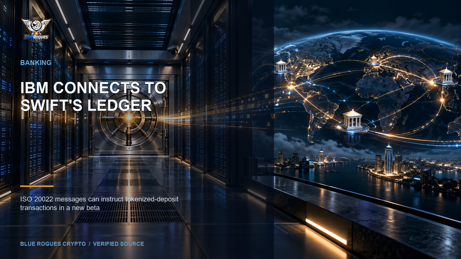 IBM Connects Bank Infrastructure to Swift's Blockchain Ledger — Blue Rogues Crypto editorial artwork