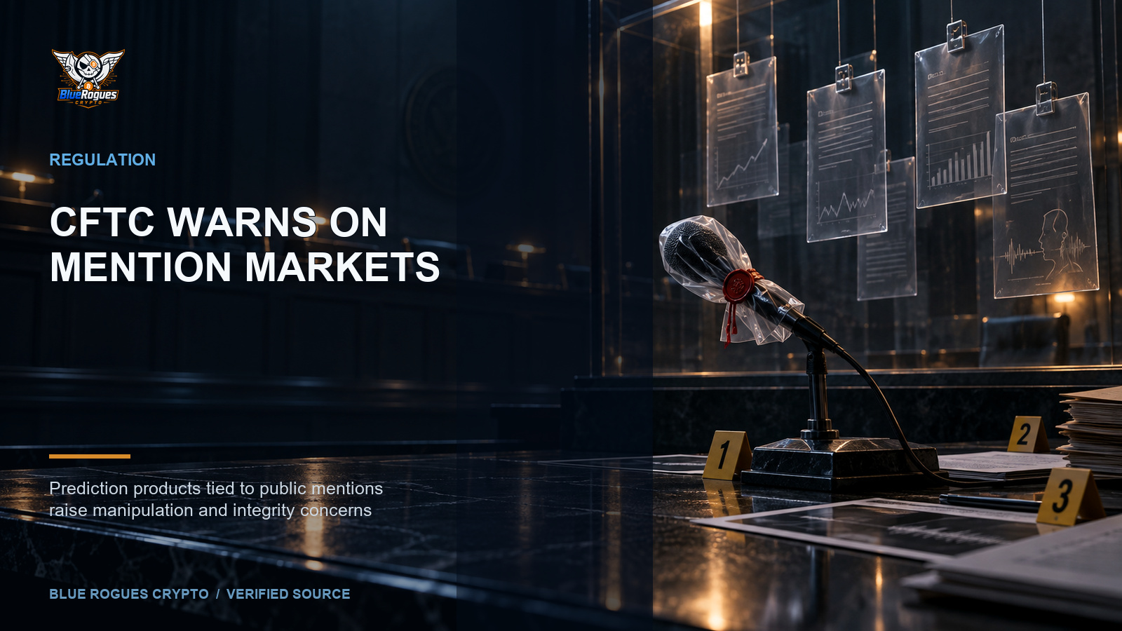 CFTC Warns That Mention Markets Carry Heightened Manipulation Risk — Blue Rogues Crypto editorial artwork