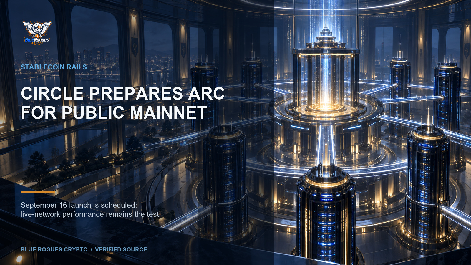 Circle Schedules Arc Public Mainnet for September 16 — Blue Rogues Crypto editorial artwork