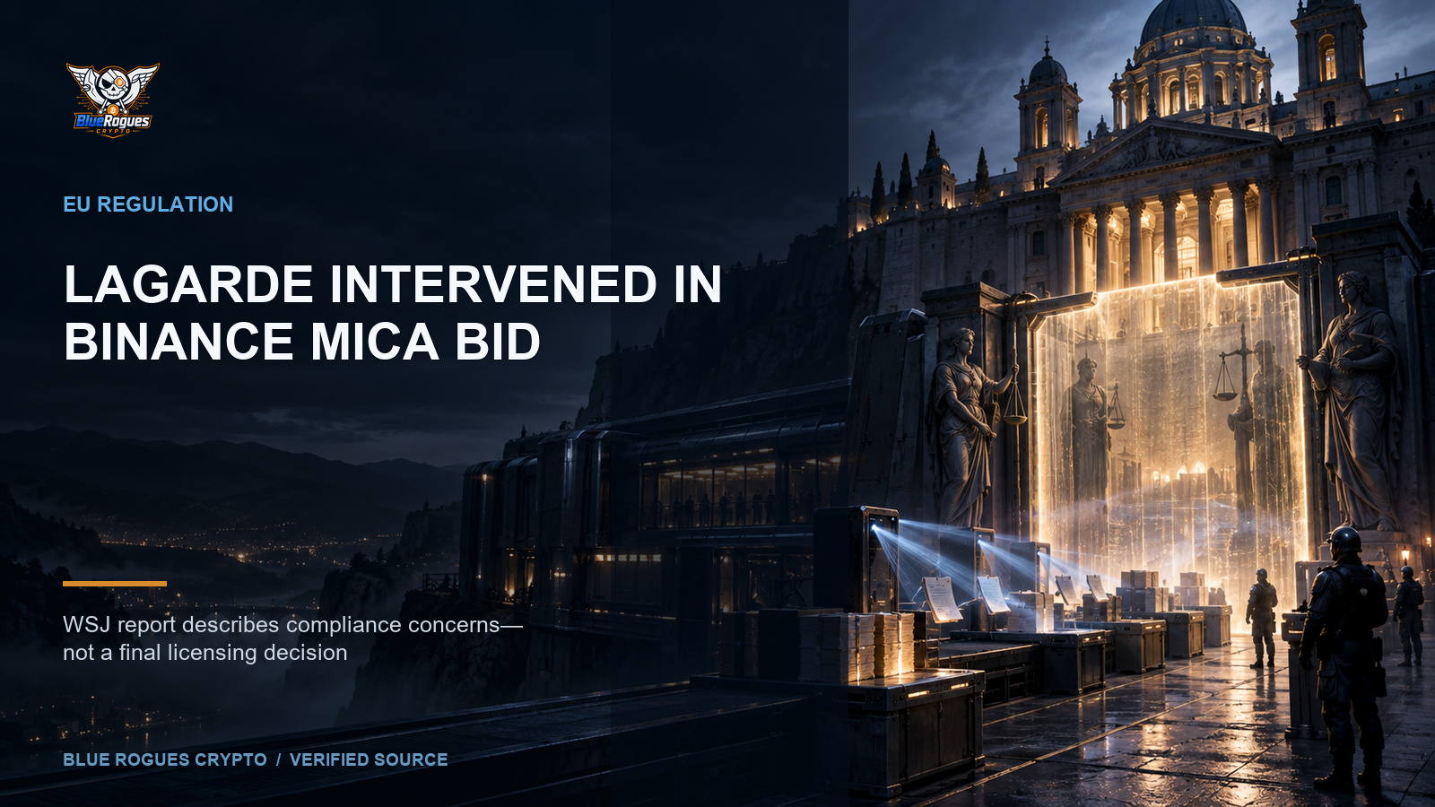 Lagarde Intervened in Binance's MiCA Bid, WSJ Reports — Blue Rogues Crypto editorial artwork